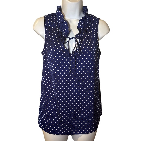 J. Crew Tops - J Crew Blue Polka Dot Ruffle Tie Neck Sleeveless Top